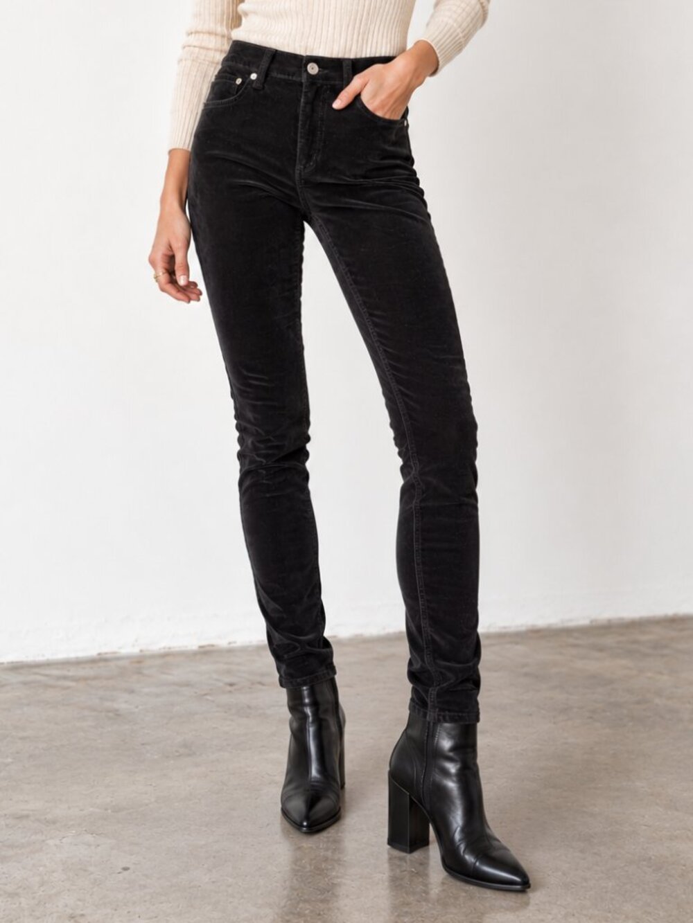 RAG & BONE The Skinny Velvet Jeans Black Smooth Stretch Pants 23 EUC